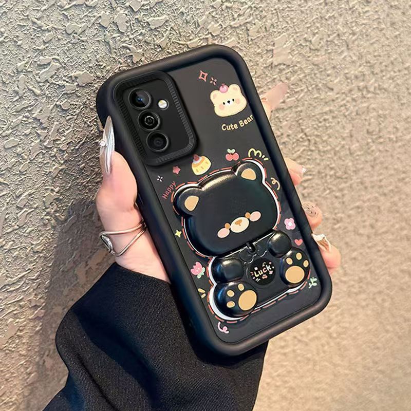 Cute Cartoon Silicona Phone Case for Samsung Galaxy A17 A07 A56 A36 A26 A16 A06 A55 A35 A25 A15 A05s A05 A54 A34 A14 A24 A04s A04 A04e Bear Mirror Bracket Protective Cover
