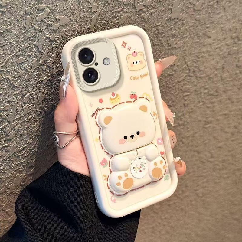 Cute Cartoon Silicona Phone Case for iPhone 16 16e 16 Pro Max 15 14 Plus 13 12 11 Pro Max XS Max XR X 8 7 Plus Bear Mirror Bracket Protective Cover