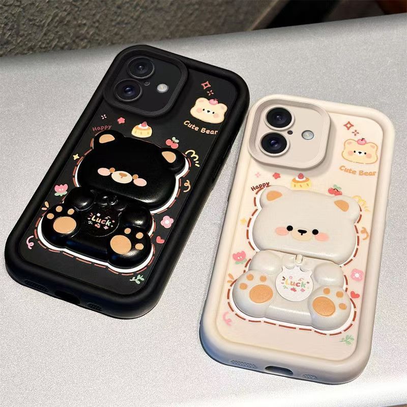 Cute Cartoon Silicona Phone Case for iPhone 16 16e 16 Pro Max 15 14 Plus 13 12 11 Pro Max XS Max XR X 8 7 Plus Bear Mirror Bracket Protective Cover