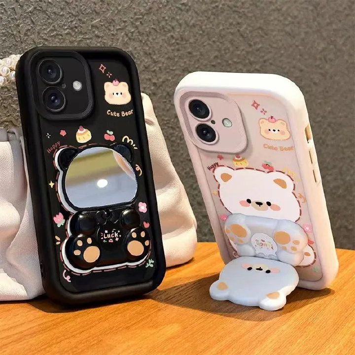 Cute Cartoon Silicona Phone Case for iPhone 16 16e 16 Pro Max 15 14 Plus 13 12 11 Pro Max XS Max XR X 8 7 Plus Bear Mirror Bracket Protective Cover