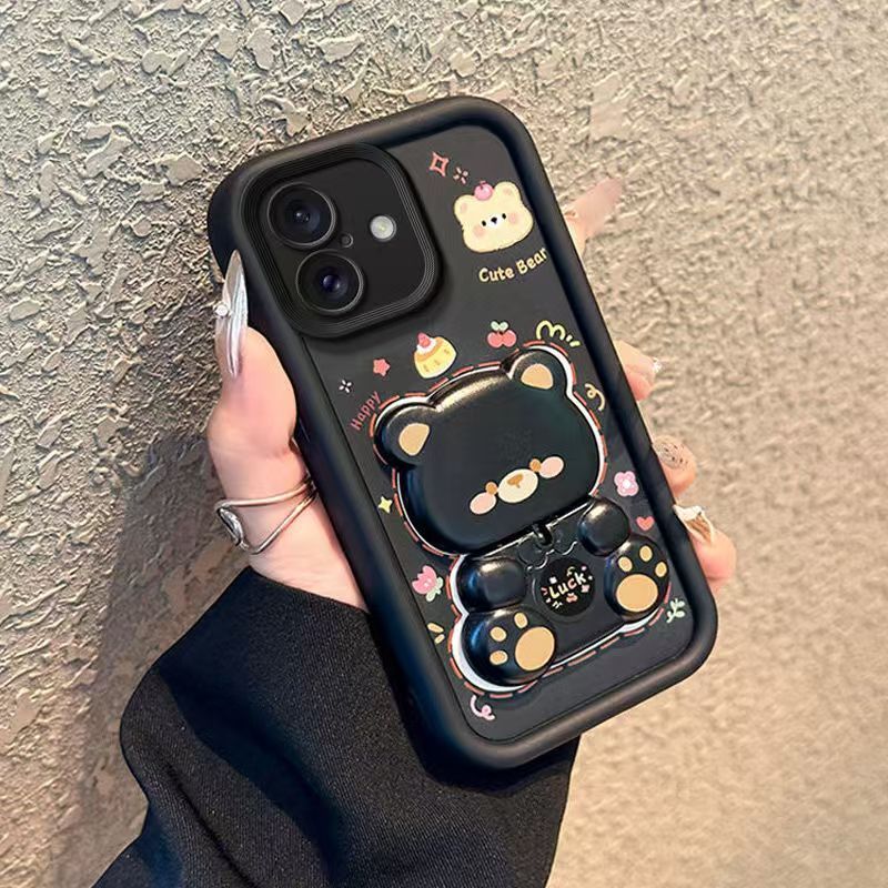 Cute Cartoon Silicona Phone Case for iPhone 16 16e 16 Pro Max 15 14 Plus 13 12 11 Pro Max XS Max XR X 8 7 Plus Bear Mirror Bracket Protective Cover