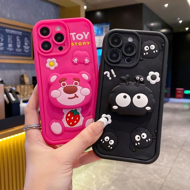 Silicona Phone Case for Xiaomi Redmi 15C 15 14C A5 A3 A2+ A1+ 13C 13 12C 12 10C 10 10A 9C 9T 9a 9 Cartoon Coal Ball Cute Strawberry Bear Bracket Protective Cover
