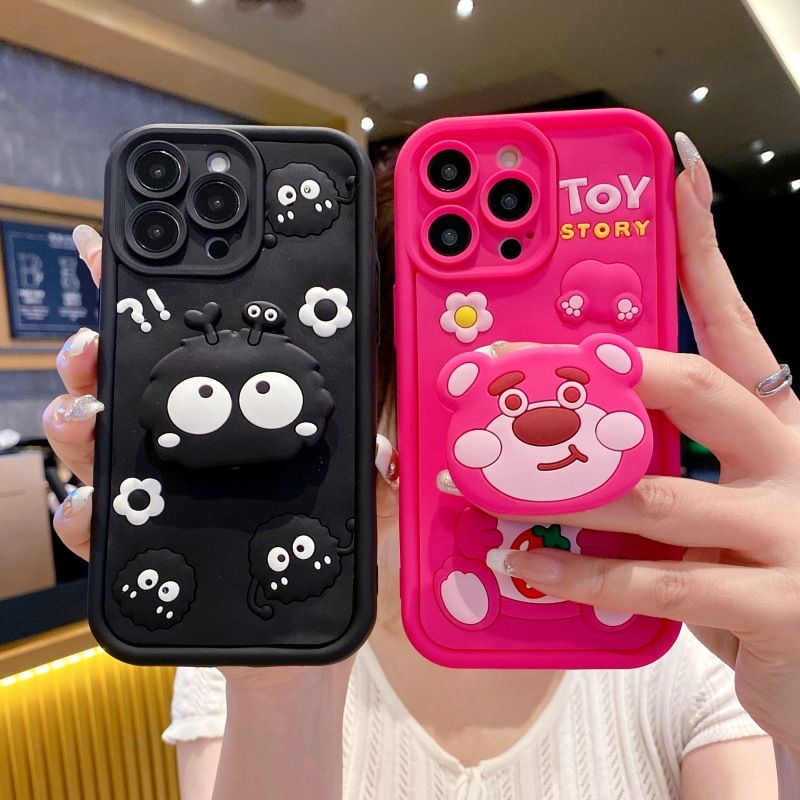 Silicona Phone Case for OPPO Reno 15 Pro 15F 15 Pro Max 14F 14 Pro 13F 13 Pro 12F 12 Pro 11F 11 Pro 10 9 8 Pro 7 8T 6 5 Pro 8Z 7Z Cartoon Coal Ball Cute Strawberry Bear Bracket Protective Cover