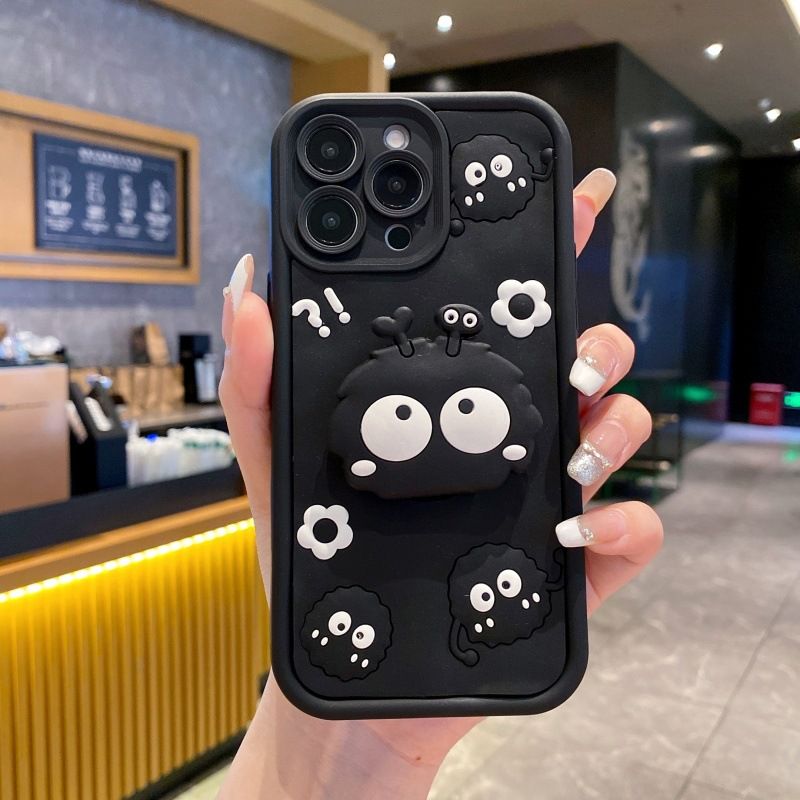 Silicona Phone Case for OPPO Reno 15 Pro 15F 15 Pro Max 14F 14 Pro 13F 13 Pro 12F 12 Pro 11F 11 Pro 10 9 8 Pro 7 8T 6 5 Pro 8Z 7Z Cartoon Coal Ball Cute Strawberry Bear Bracket Protective Cover