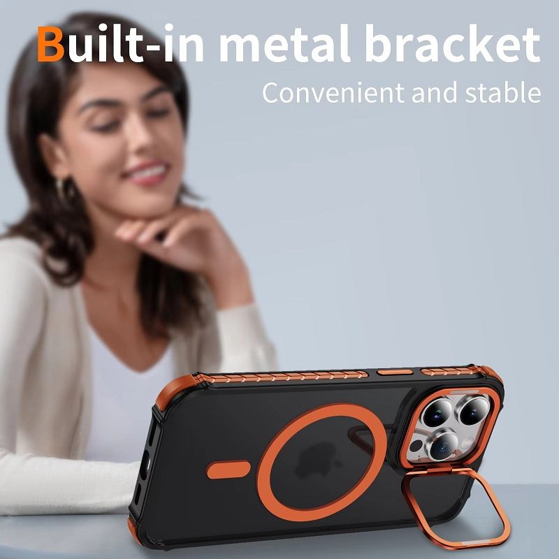 Luxury MagSafe Magnetic Phone Cases for iPhone 16 Pro Max 16e 16 15 14 Plus 13 12 Pro Max Stand Metal Lens Holder with Skin Feeling Coating Shockproof Mobile Case