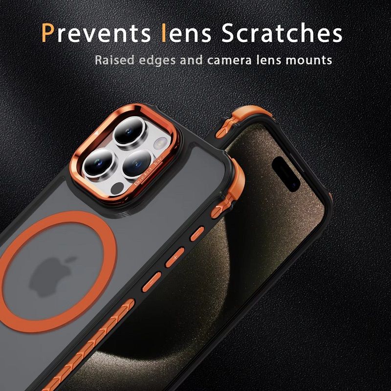 Luxury MagSafe Magnetic Phone Cases for iPhone 16 Pro Max 16e 16 15 14 Plus 13 12 Pro Max Stand Metal Lens Holder with Skin Feeling Coating Shockproof Mobile Case
