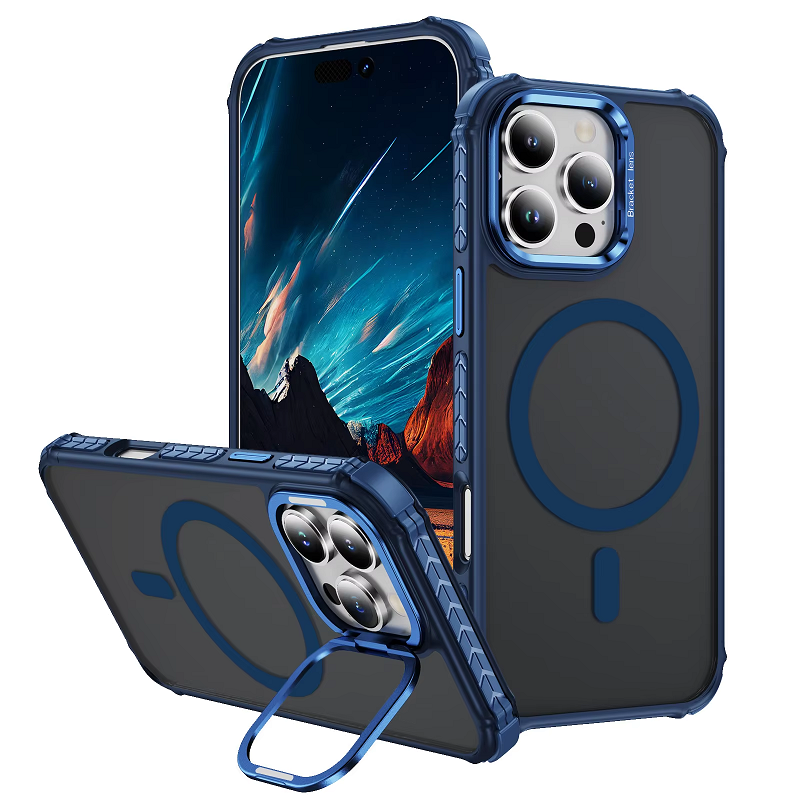 Luxury MagSafe Magnetic Phone Cases for iPhone 16 Pro Max 16e 16 15 14 Plus 13 12 Pro Max Stand Metal Lens Holder with Skin Feeling Coating Shockproof Mobile Case