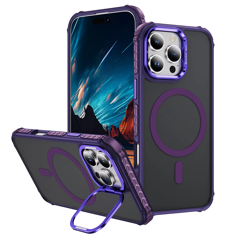 Luxury MagSafe Magnetic Phone Cases for iPhone 16 Pro Max 16e 16 15 14 Plus 13 12 Pro Max Stand Metal Lens Holder with Skin Feeling Coating Shockproof Mobile Case
