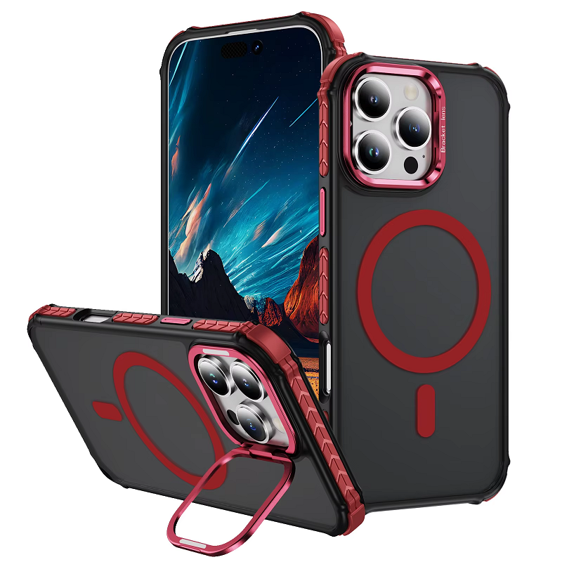 Luxury MagSafe Magnetic Phone Cases for iPhone 16 Pro Max 16e 16 15 14 Plus 13 12 Pro Max Stand Metal Lens Holder with Skin Feeling Coating Shockproof Mobile Case