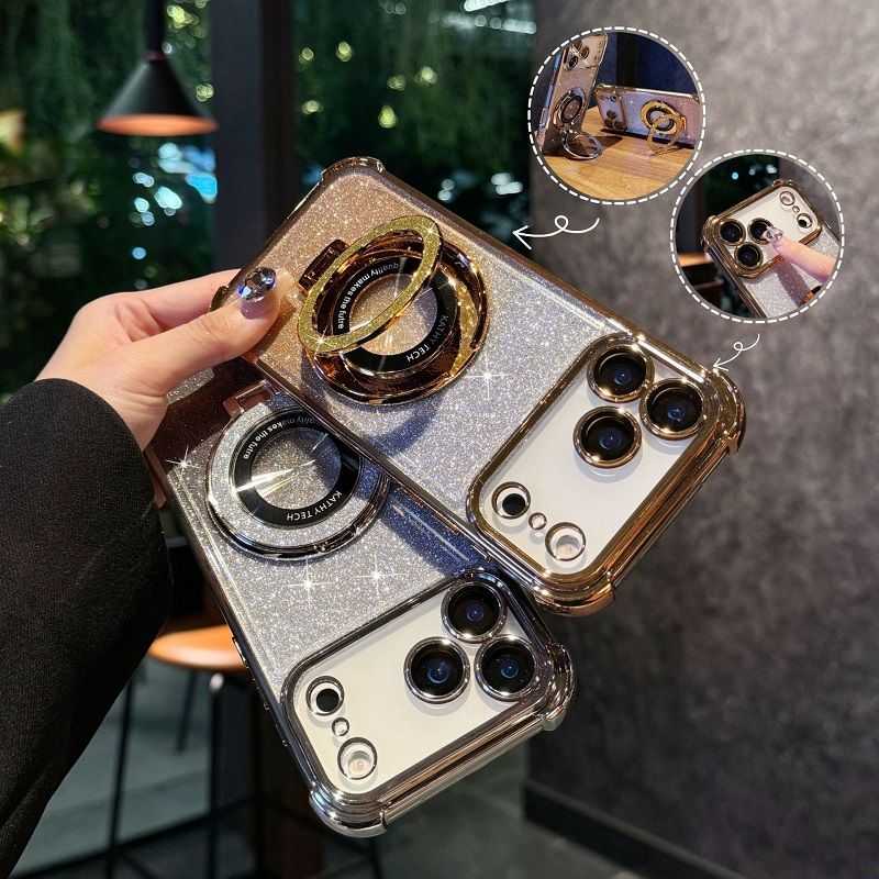 Glitter Paper Soft Case Cover for iPhone 17 Pro Max 17 Air 17 Pro 16e 16 Plus 16 Pro Max 15 14 Plus (With Lens Film Phone Case) Magnetic Phone Case Bracket Anti Drop Soft Case