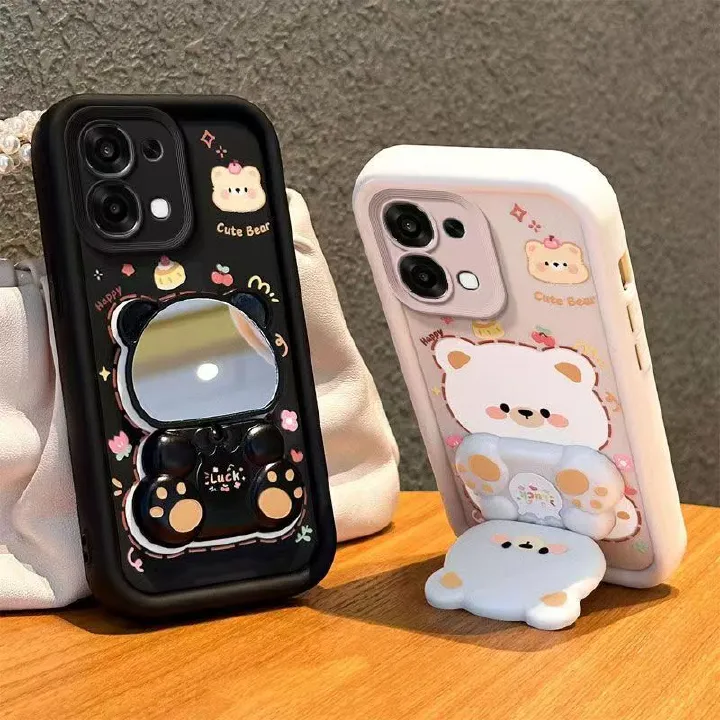 Cute Cartoon Silicona Phone Case for OPPO A6 Pro Bear Mirror Bracket Protective Cover