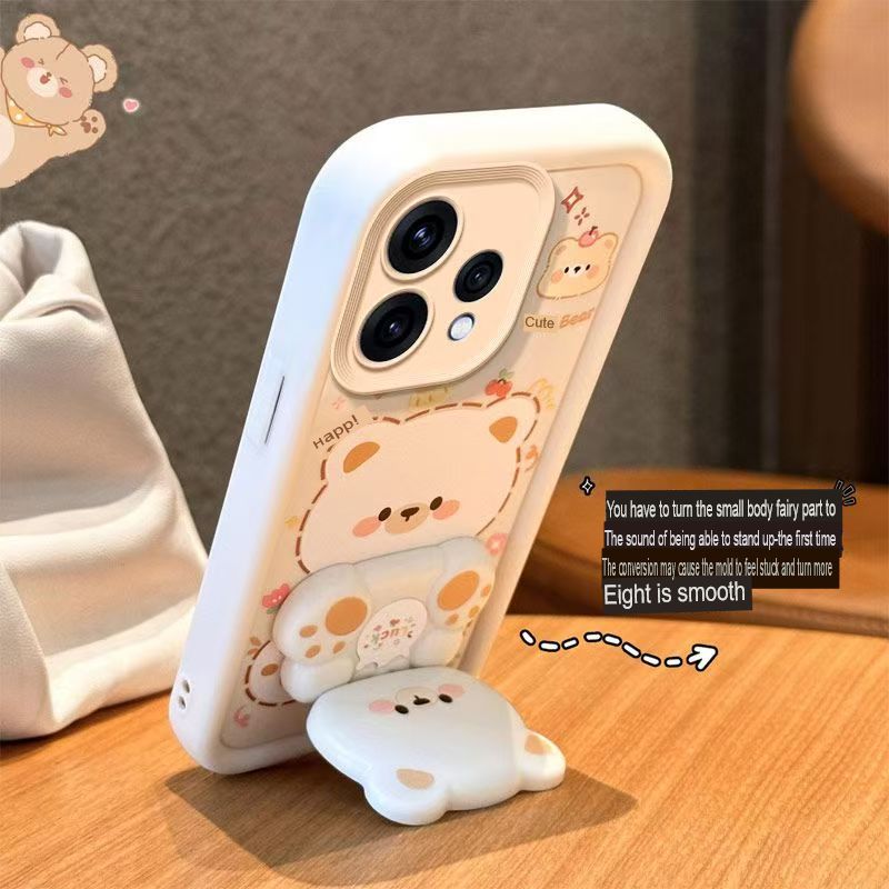 Cute Cartoon Silicona Phone Case for OPPO Reno 15 5G 6.59" inch, Reno 15C 5G 6.59" inch  Bear Mirror Bracket Protective Cover