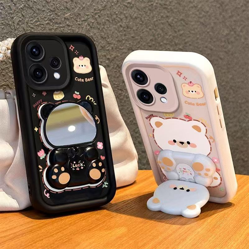 Cute Cartoon Silicona Phone Case for OPPO Reno 15 5G 6.59" inch, Reno 15C 5G 6.59" inch  Bear Mirror Bracket Protective Cover