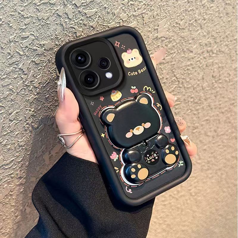 Cute Cartoon Silicona Phone Case for OPPO Reno 15 5G 6.59" inch, Reno 15C 5G 6.59" inch  Bear Mirror Bracket Protective Cover