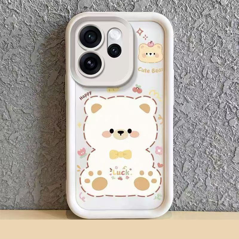 Cute Cartoon Silicona Phone Case for OPPO Reno 15 Pro 5G 6.32" inch, Bear Mirror Bracket Protective Cover
