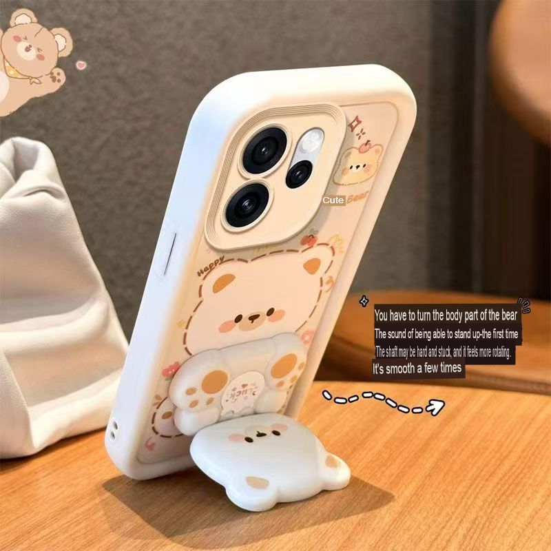 Cute Cartoon Silicona Phone Case for OPPO Reno 15 Pro 5G 6.32" inch, Bear Mirror Bracket Protective Cover