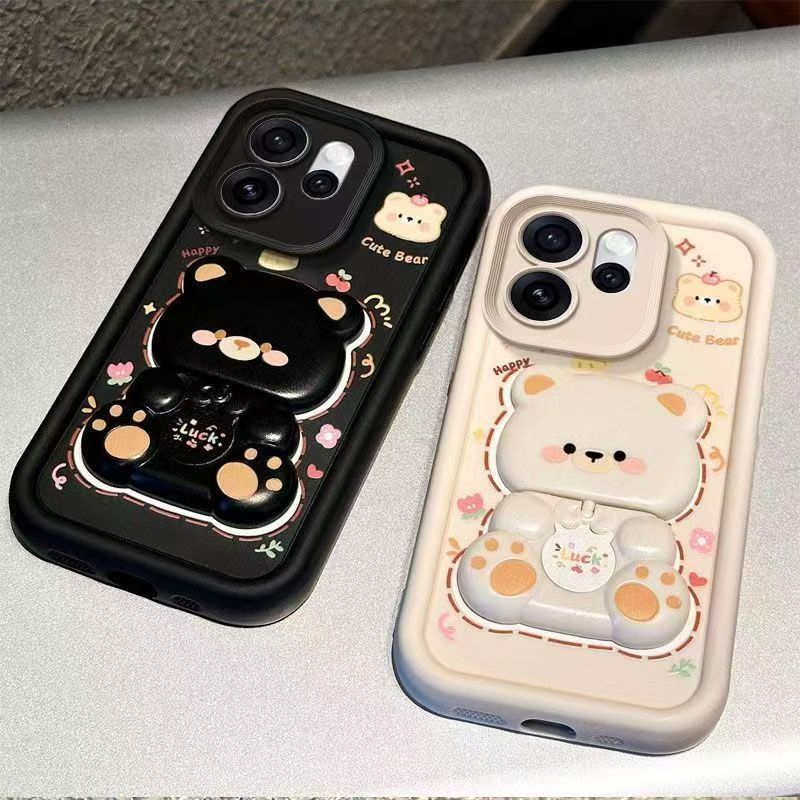 Cute Cartoon Silicona Phone Case for OPPO Reno 15 Pro 5G 6.32" inch, Bear Mirror Bracket Protective Cover