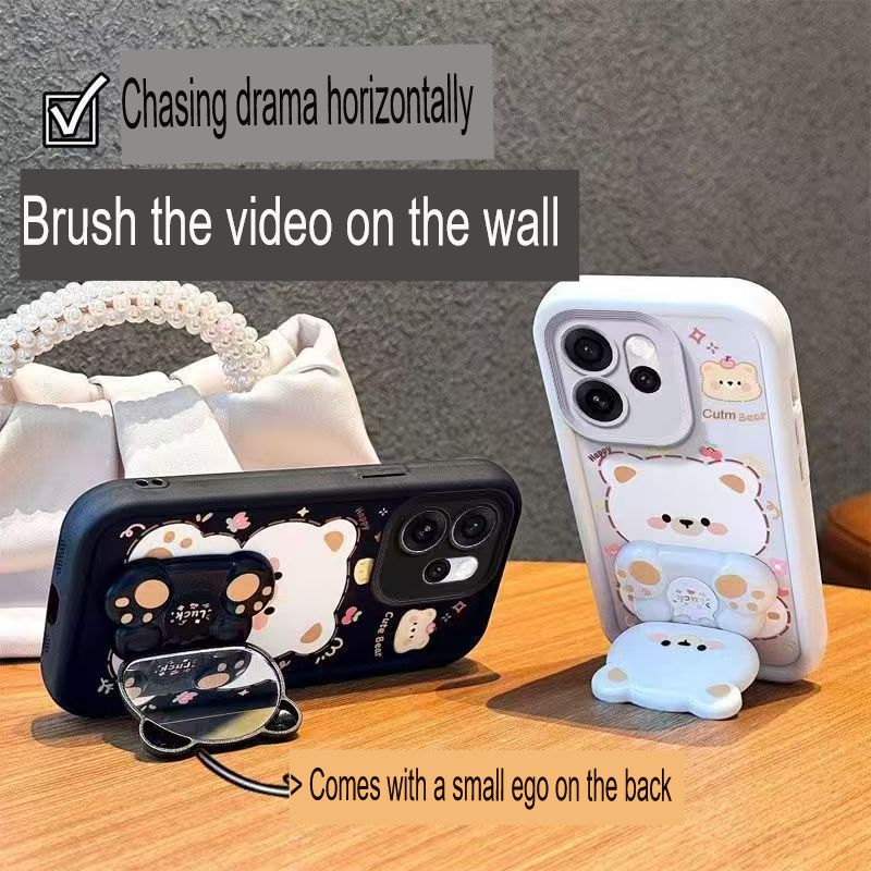 Cute Cartoon Silicona Phone Case for OPPO Reno 15 Pro 5G 6.32" inch, Bear Mirror Bracket Protective Cover