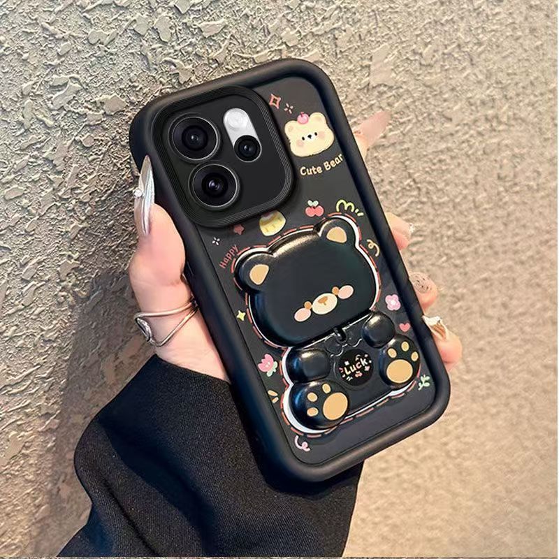 Cute Cartoon Silicona Phone Case for OPPO Reno 15 Pro 5G 6.32" inch, Bear Mirror Bracket Protective Cover