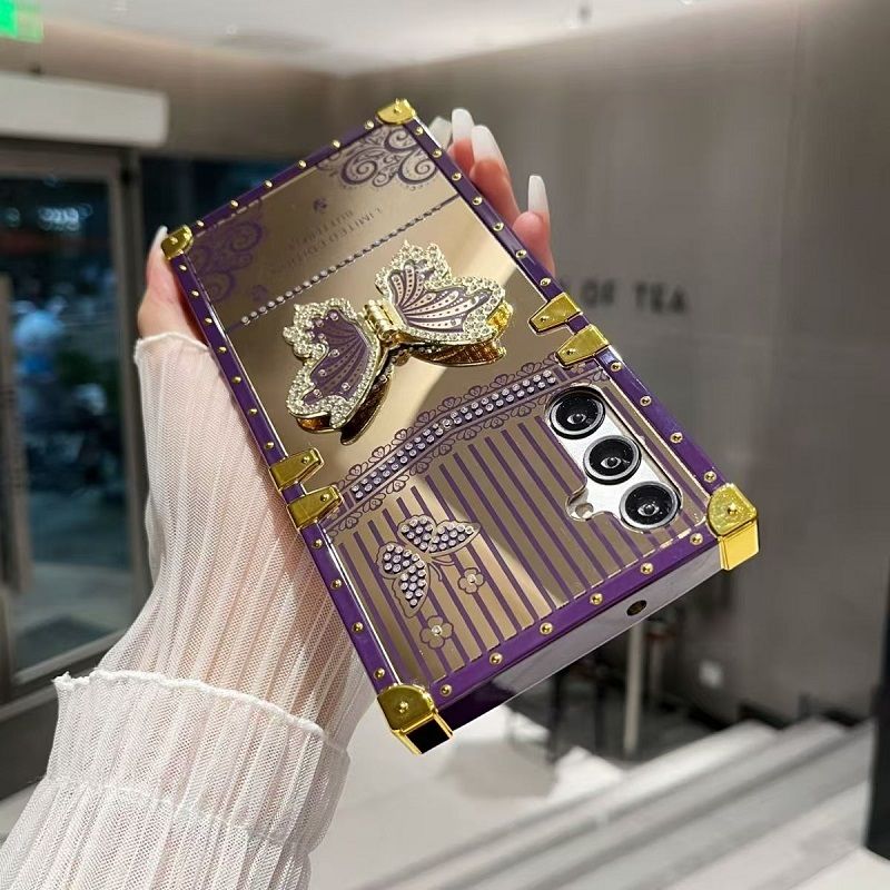 Phone Case for Samsung Galaxy A17 A07 A56 A36 A26 A16 A06 A55 A35 A25 A15 A05s A05 A24 A14 A34 A54 Luxury Square Diamond Setting Butterfly Bracket Protective Case