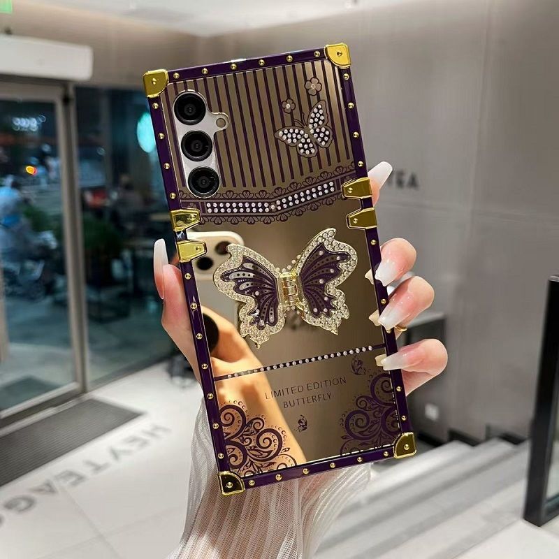 Phone Case for Samsung Galaxy A17 A07 A56 A36 A26 A16 A06 A55 A35 A25 A15 A05s A05 A24 A14 A34 A54 Luxury Square Diamond Setting Butterfly Bracket Protective Case