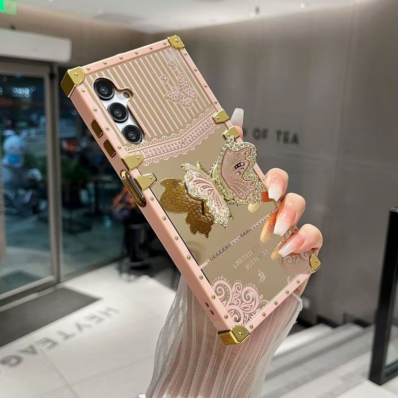 Phone Case for Samsung Galaxy A17 A07 A56 A36 A26 A16 A06 A55 A35 A25 A15 A05s A05 A24 A14 A34 A54 Luxury Square Diamond Setting Butterfly Bracket Protective Case