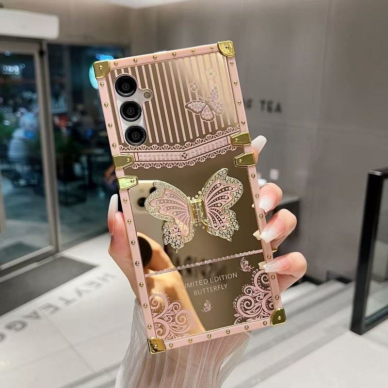 Phone Case for Samsung Galaxy A17 A07 A56 A36 A26 A16 A06 A55 A35 A25 A15 A05s A05 A24 A14 A34 A54 Luxury Square Diamond Setting Butterfly Bracket Protective Case