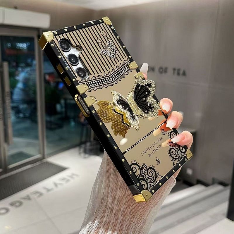 Phone Case for Samsung Galaxy A17 A07 A56 A36 A26 A16 A06 A55 A35 A25 A15 A05s A05 A24 A14 A34 A54 Luxury Square Diamond Setting Butterfly Bracket Protective Case