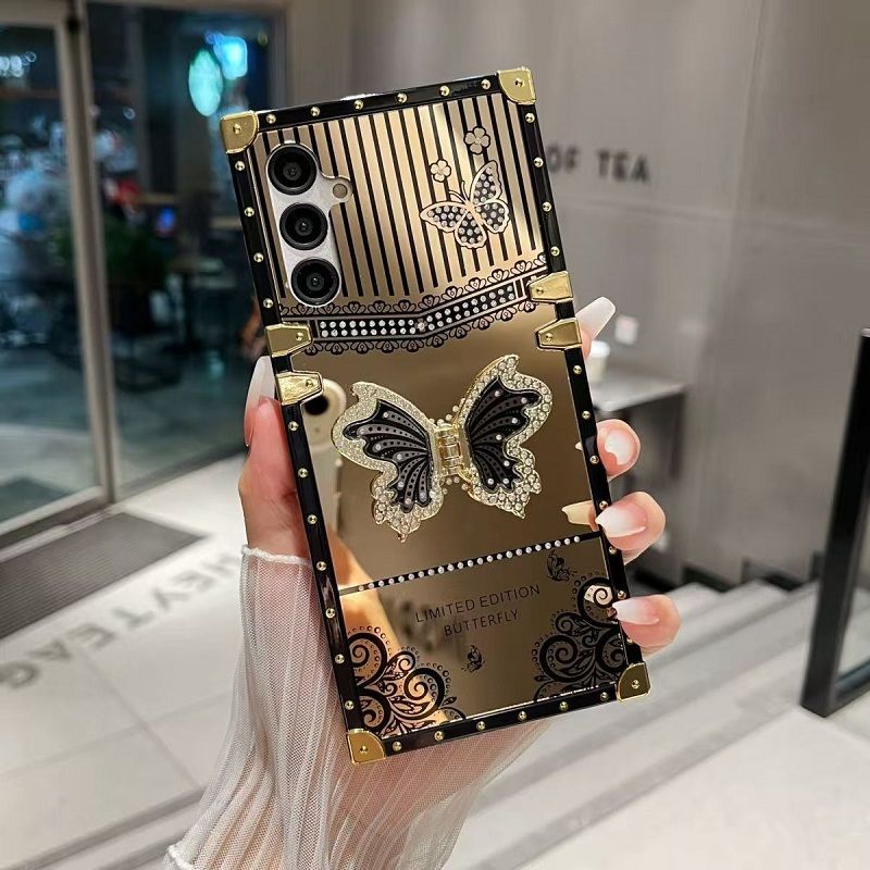 Phone Case for Samsung Galaxy A17 A07 A56 A36 A26 A16 A06 A55 A35 A25 A15 A05s A05 A24 A14 A34 A54 Luxury Square Diamond Setting Butterfly Bracket Protective Case