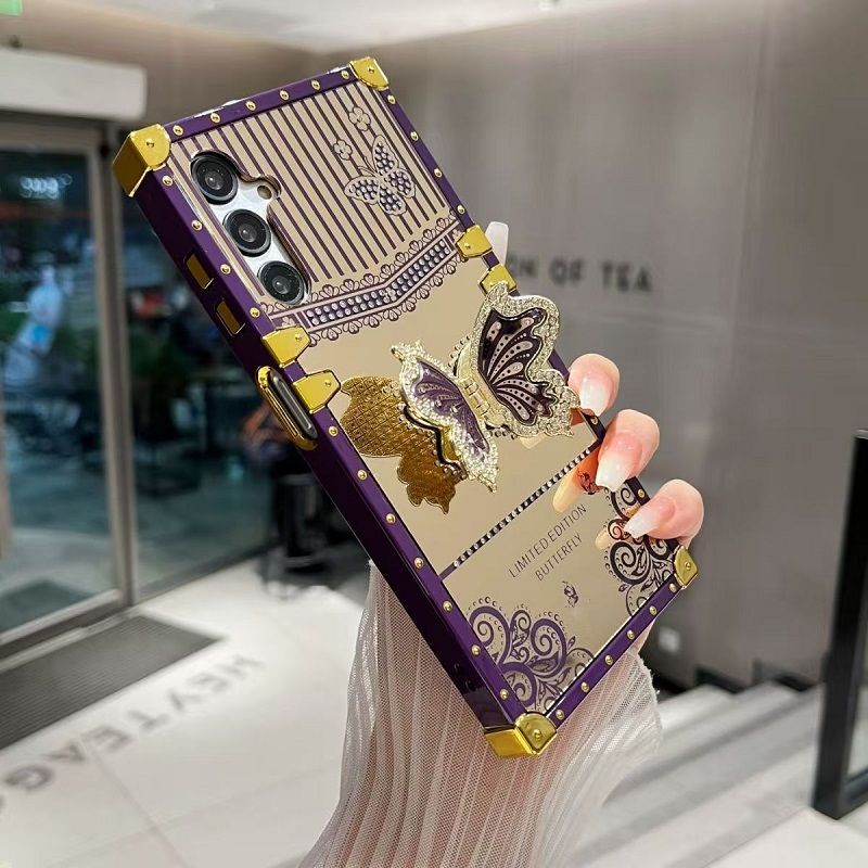 Phone Case for Samsung Galaxy A17 A07 A56 A36 A26 A16 A06 A55 A35 A25 A15 A05s A05 A24 A14 A34 A54 Luxury Square Diamond Setting Butterfly Bracket Protective Case