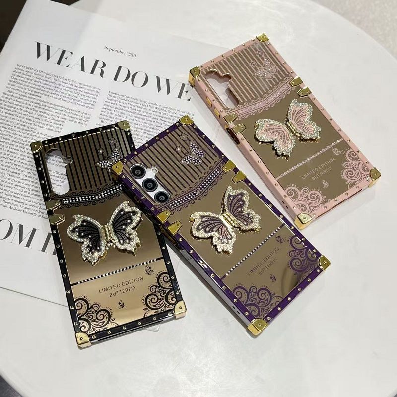 Phone Case for Samsung Galaxy A17 A07 A56 A36 A26 A16 A06 A55 A35 A25 A15 A05s A05 A24 A14 A34 A54 Luxury Square Diamond Setting Butterfly Bracket Protective Case