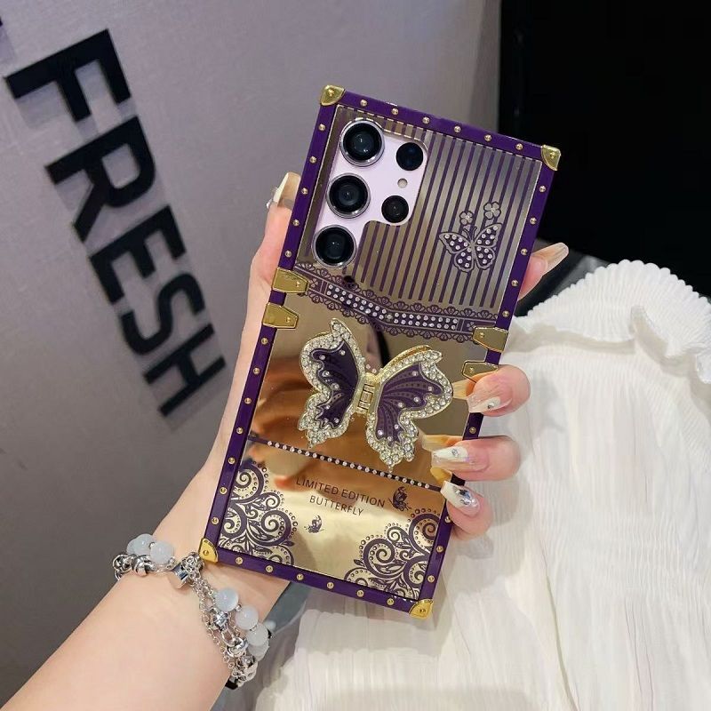 Phone Case for Samsung Galaxy S26 Ultra S25 Plus S24 FE S23 Plus S22 S23 FE S22 S21 Ultra Luxury Square Diamond Setting Butterfly Bracket Protective Case