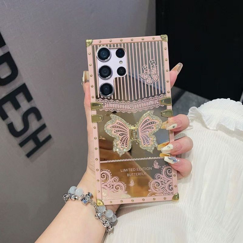 Phone Case for Samsung Galaxy S26 Ultra S25 Plus S24 FE S23 Plus S22 S23 FE S22 S21 Ultra Luxury Square Diamond Setting Butterfly Bracket Protective Case