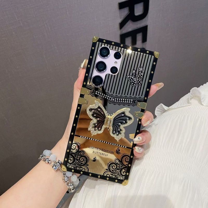 Phone Case for Samsung Galaxy S26 Ultra S25 Plus S24 FE S23 Plus S22 S23 FE S22 S21 Ultra Luxury Square Diamond Setting Butterfly Bracket Protective Case