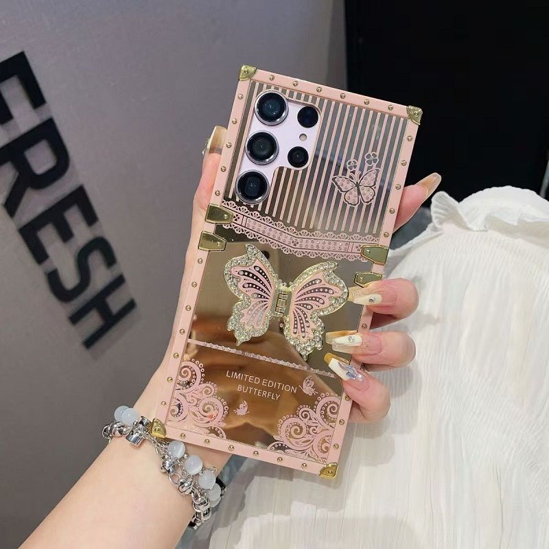 Phone Case for Samsung Galaxy S26 Ultra S25 Plus S24 FE S23 Plus S22 S23 FE S22 S21 Ultra Luxury Square Diamond Setting Butterfly Bracket Protective Case