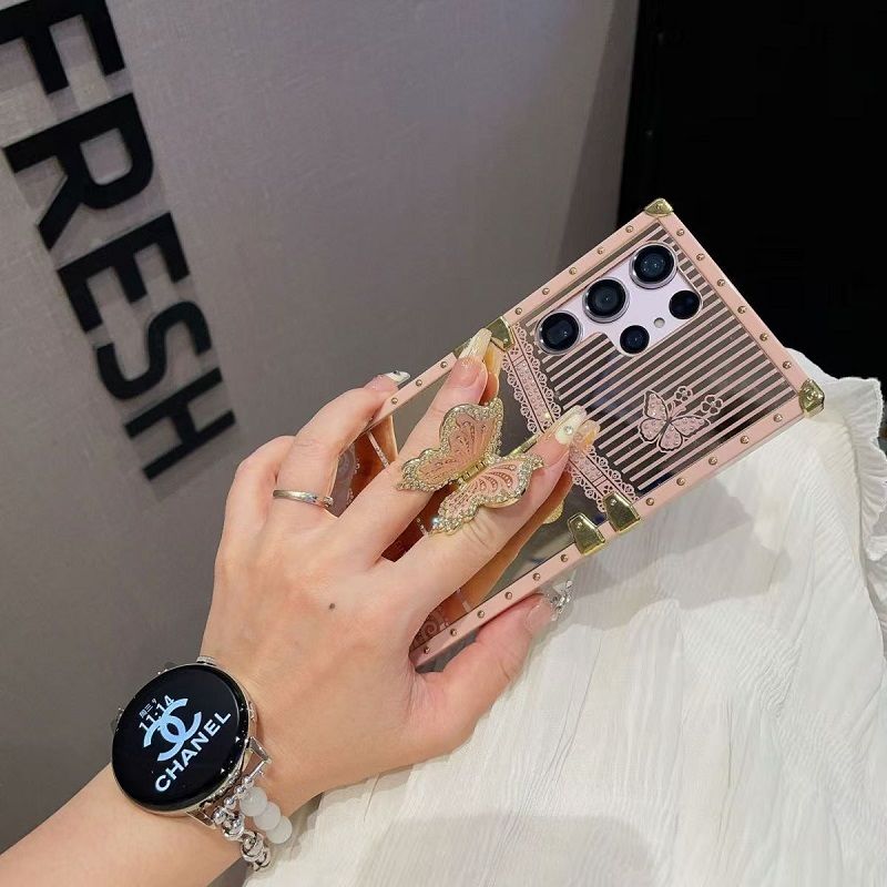 Phone Case for Samsung Galaxy S26 Ultra S25 Plus S24 FE S23 Plus S22 S23 FE S22 S21 Ultra Luxury Square Diamond Setting Butterfly Bracket Protective Case