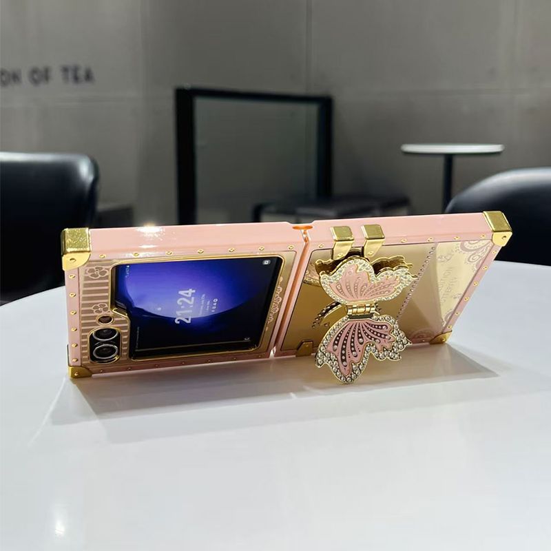 Phone Case for Samsung Galaxy Z Flip7 /Flip6 /Flip5 /Flip4 /Flip3 Luxury Square Diamond Setting Butterfly Bracket Protective Case for Samsung Galaxy Z Flip 7 Flip 6 Flip 5 Flip 4 Flip 3