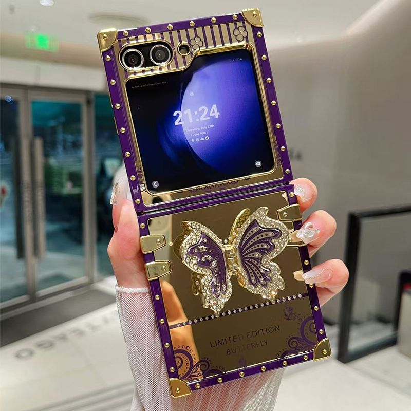 Phone Case for Samsung Galaxy Z Flip7 /Flip6 /Flip5 /Flip4 /Flip3 Luxury Square Diamond Setting Butterfly Bracket Protective Case for Samsung Galaxy Z Flip 7 Flip 6 Flip 5 Flip 4 Flip 3