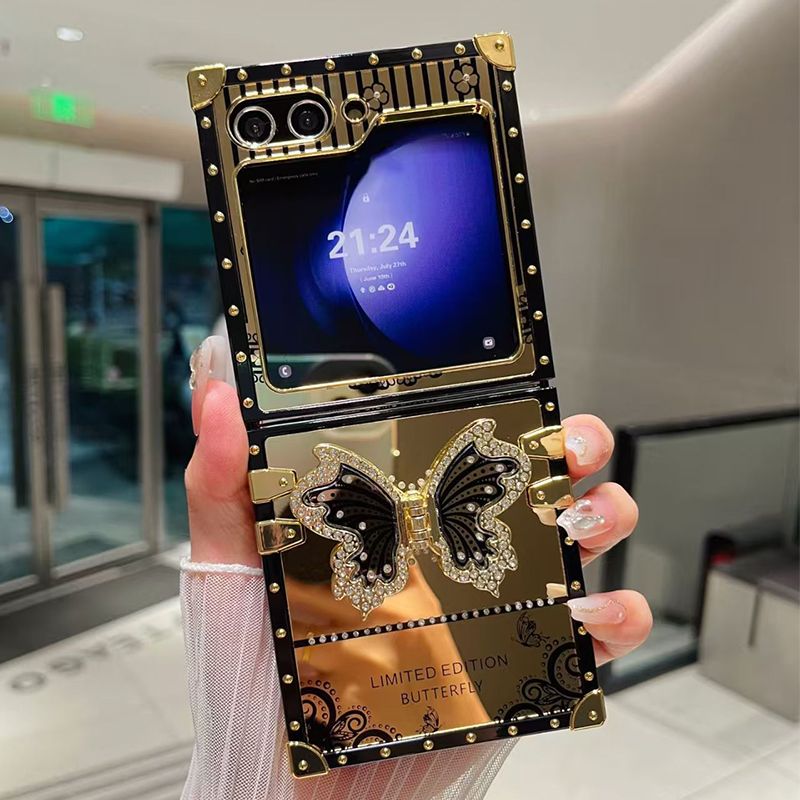 Phone Case for Samsung Galaxy Z Flip7 /Flip6 /Flip5 /Flip4 /Flip3 Luxury Square Diamond Setting Butterfly Bracket Protective Case for Samsung Galaxy Z Flip 7 Flip 6 Flip 5 Flip 4 Flip 3