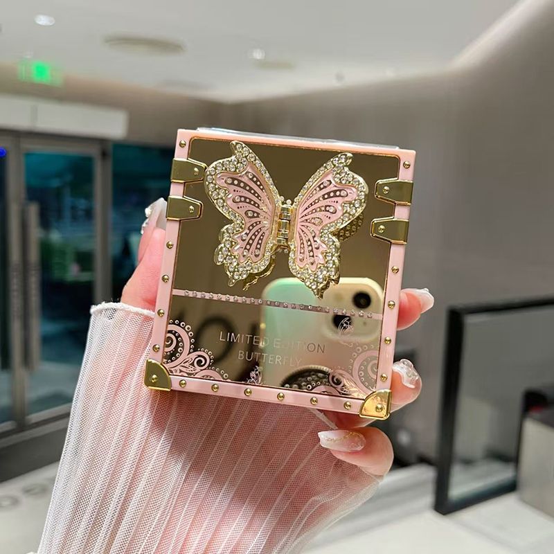 Phone Case for Samsung Galaxy Z Flip7 /Flip6 /Flip5 /Flip4 /Flip3 Luxury Square Diamond Setting Butterfly Bracket Protective Case for Samsung Galaxy Z Flip 7 Flip 6 Flip 5 Flip 4 Flip 3