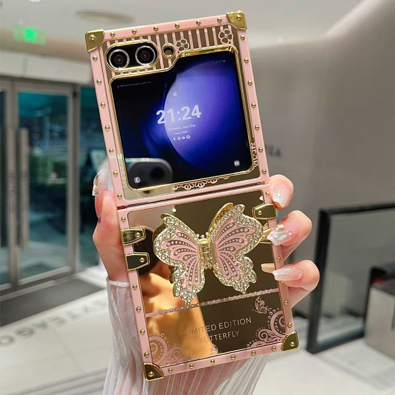 Phone Case for Samsung Galaxy Z Flip7 /Flip6 /Flip5 /Flip4 /Flip3 Luxury Square Diamond Setting Butterfly Bracket Protective Case for Samsung Galaxy Z Flip 7 Flip 6 Flip 5 Flip 4 Flip 3