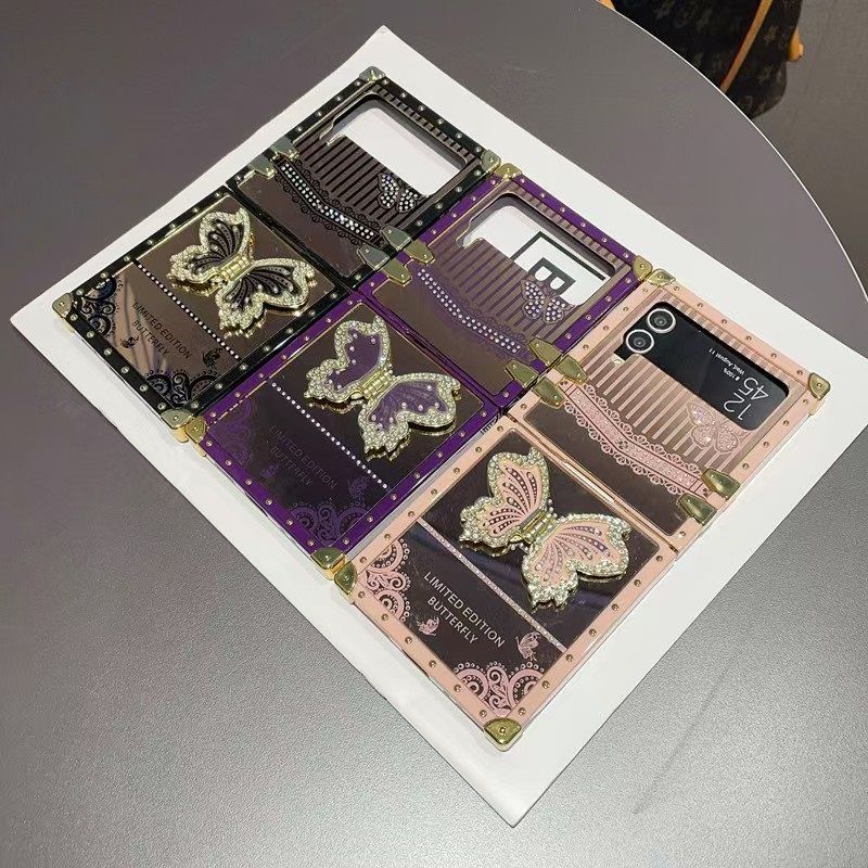Phone Case for Samsung Galaxy Z Flip7 /Flip6 /Flip5 /Flip4 /Flip3 Luxury Square Diamond Setting Butterfly Bracket Protective Case for Samsung Galaxy Z Flip 7 Flip 6 Flip 5 Flip 4 Flip 3