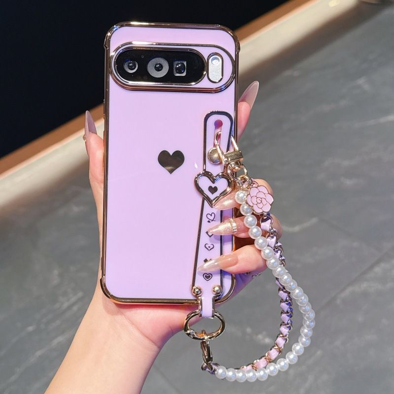Phone Case for Google Pixel 10 Pro XL 10 9 Pro XL 9 9A 8 Pro 8A 7A Cute Love-Heart Plating Strap for Women Girls Bling Silicone Camera Protection Bumper Shockproof Phone Case