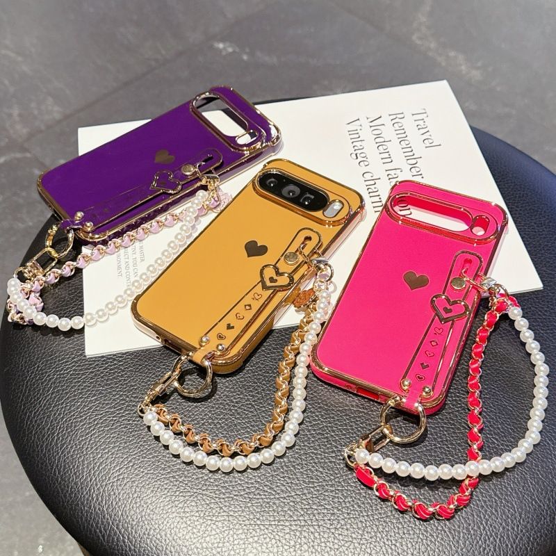 Phone Case for Google Pixel 10 Pro XL 10 9 Pro XL 9 9A 8 Pro 8A 7A Cute Love-Heart Plating Strap for Women Girls Bling Silicone Camera Protection Bumper Shockproof Phone Case