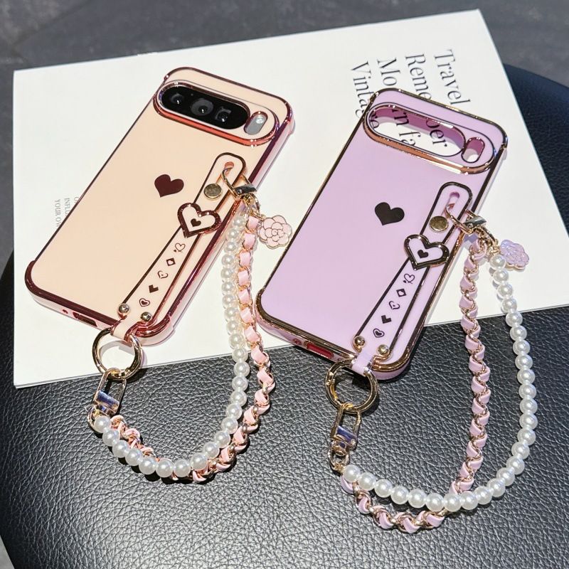 Phone Case for Google Pixel 10 Pro XL 10 9 Pro XL 9 9A 8 Pro 8A 7A Cute Love-Heart Plating Strap for Women Girls Bling Silicone Camera Protection Bumper Shockproof Phone Case