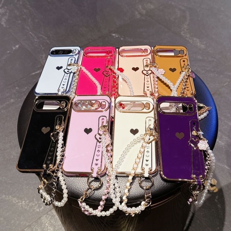 Phone Case for Google Pixel 10 Pro XL 10 9 Pro XL 9 9A 8 Pro 8A 7A Cute Love-Heart Plating Strap for Women Girls Bling Silicone Camera Protection Bumper Shockproof Phone Case