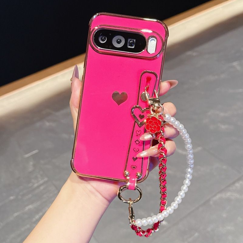 Phone Case for Google Pixel 10 Pro XL 10 9 Pro XL 9 9A 8 Pro 8A 7A Cute Love-Heart Plating Strap for Women Girls Bling Silicone Camera Protection Bumper Shockproof Phone Case