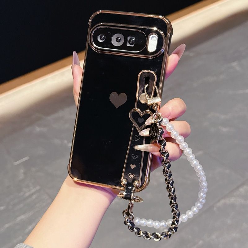Phone Case for Google Pixel 10 Pro XL 10 9 Pro XL 9 9A 8 Pro 8A 7A Cute Love-Heart Plating Strap for Women Girls Bling Silicone Camera Protection Bumper Shockproof Phone Case
