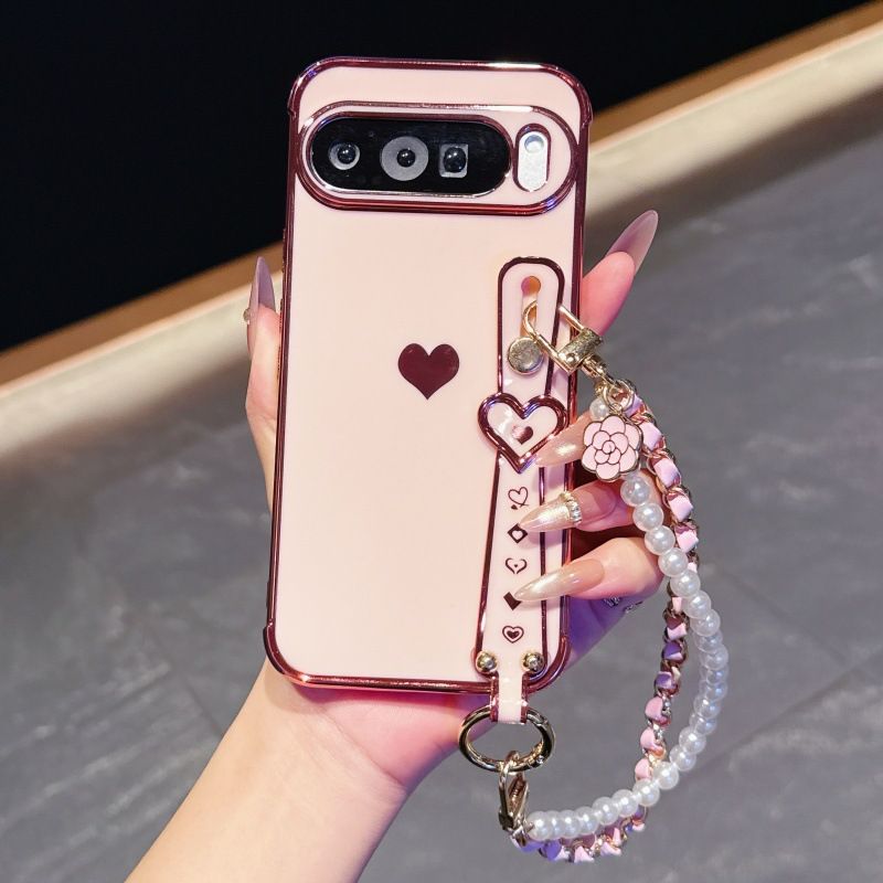 Phone Case for Google Pixel 10 Pro XL 10 9 Pro XL 9 9A 8 Pro 8A 7A Cute Love-Heart Plating Strap for Women Girls Bling Silicone Camera Protection Bumper Shockproof Phone Case