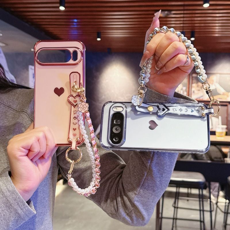 Phone Case for Google Pixel 10 Pro XL 10 9 Pro XL 9 9A 8 Pro 8A 7A Cute Love-Heart Plating Strap for Women Girls Bling Silicone Camera Protection Bumper Shockproof Phone Case